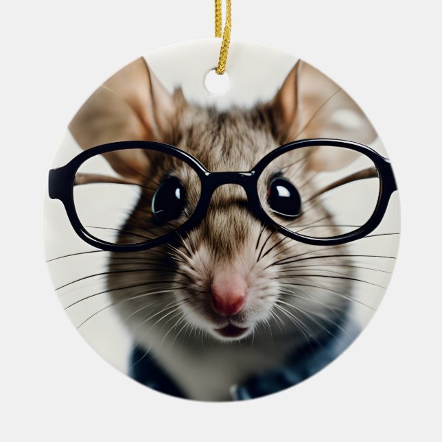 Field mouse Wearing Glasses Ceramic Tree Decoration (Front)