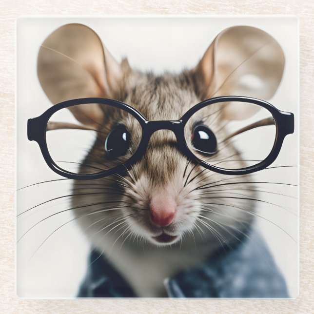 Field mouse Wearing Glasses Glass Coaster (Front)