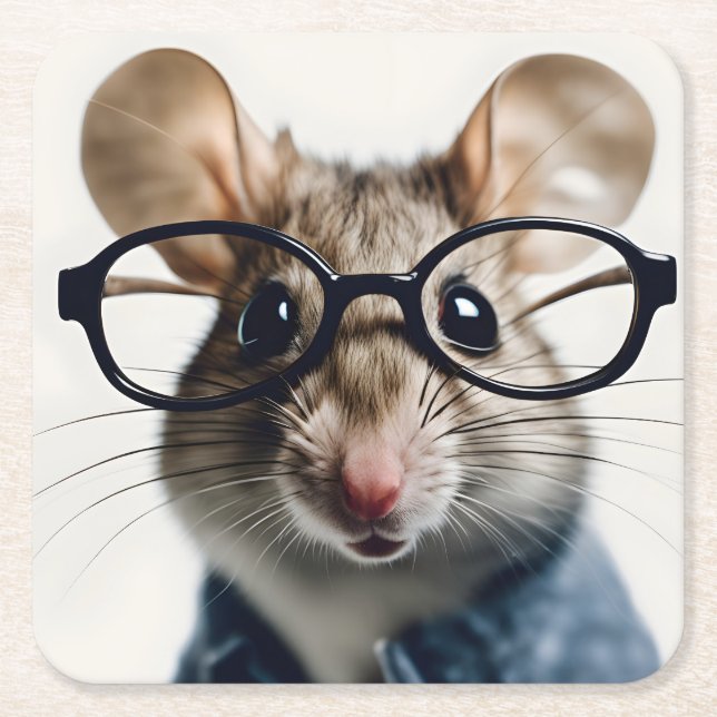 Field mouse Wearing Glasses Square Paper Coaster (Front)