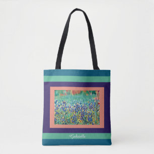 FIeld of bluebonnets, purple, salmon, aqua; w name Tote Bag
