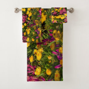 Field of colourful yellow and purple flowers bath towel set