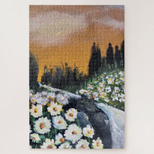 Field of daisies amid rushing river jigsaw puzzle
