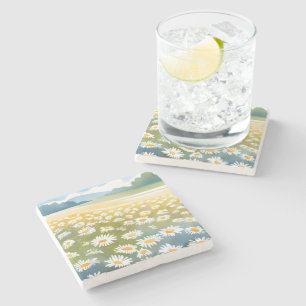 Field of Daisies Flower Meadow Floral Painting Stone Coaster
