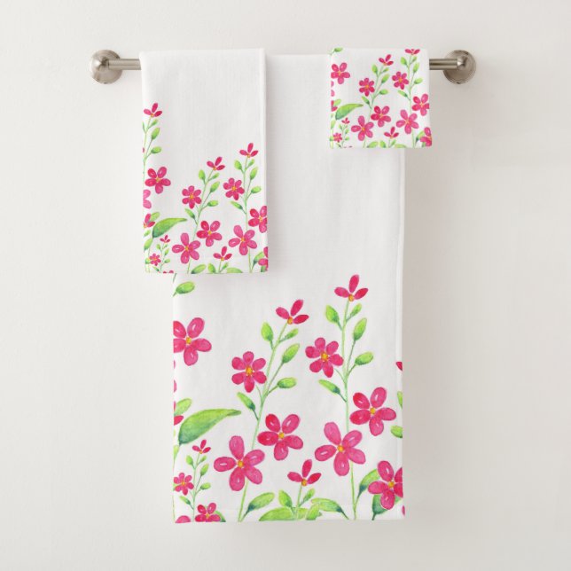 Field of Deep pink Watercolor Blossoms  Bath Towel Set (Insitu)