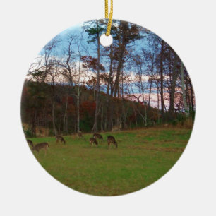Field of Deer & a Pink SunSet Ceramic Tree Decoration