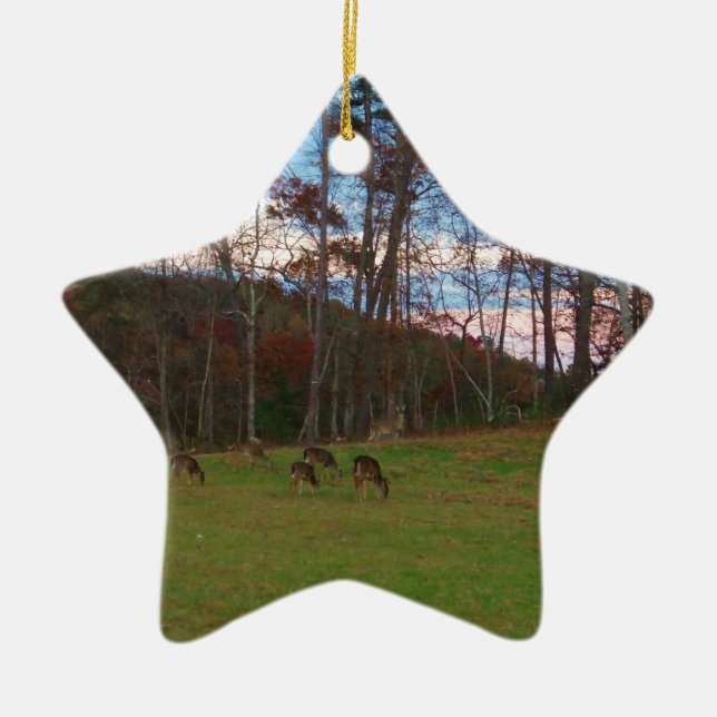 Field of Deer & a Pink SunSet Ceramic Tree Decoration (Front)