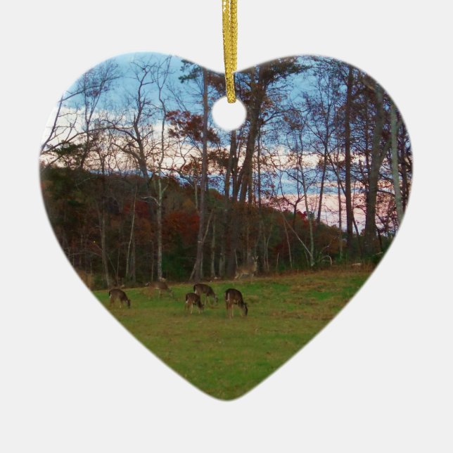 Field of Deer & a Pink SunSet Ceramic Tree Decoration (Front)