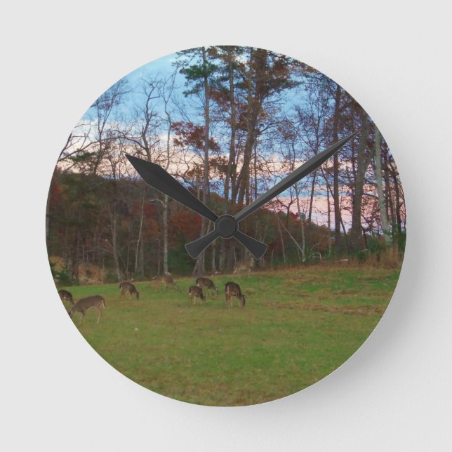 Field of Deer & a Pink SunSet Round Clock (Front)