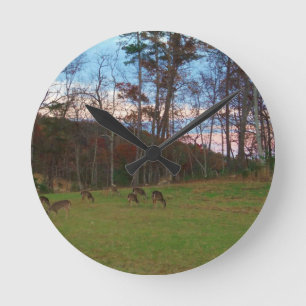 Field of Deer & a Pink SunSet Round Clock