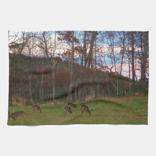 Field of Deer & a Pink SunSet Tea Towel (Horizontal)