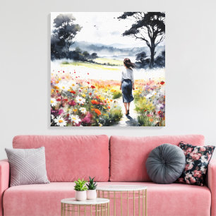 Field of Dreams – Watercolor Woman in Wildflower M Canvas Print