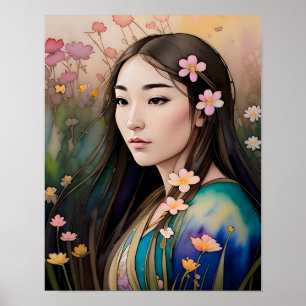Field of flowers Beautiful Woman flowers in hair Poster
