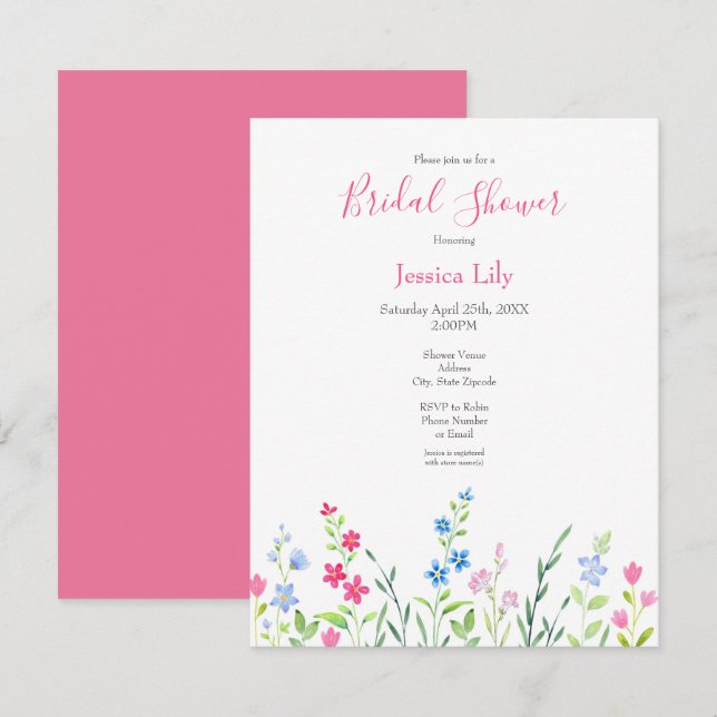 Field of Mixed Watercolor Wildflowers Invitation (Front/Back)