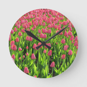 Field of Pink Tulips Round Clock
