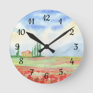 Field of poppies in Tuscany Round Clock