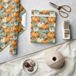 Field of Pumpkins Orange Sea Green ID1079 Wrapping Paper