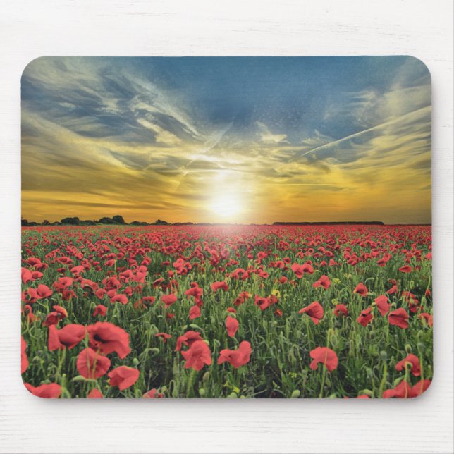 Field Of Red Flowers At Sunset Mouse Mat (Front)