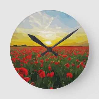 Field of red Poppies with Sunrise Round Clock
