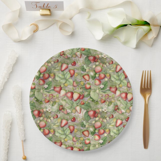 field of ripe, red strawberries paper plate (Wedding)