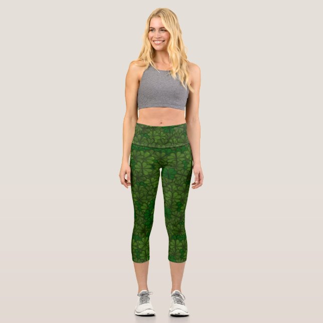 Field of Shamrocks Digital Art Pattern St Patricks Capri Leggings (Front)
