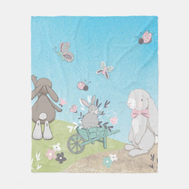 Field of spring bunnies fleece blanket (Front)
