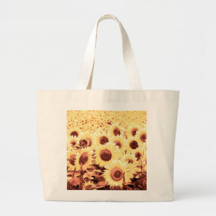 Field of Sunflowers - brown, gold and yellow Large Tote Bag