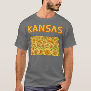 Field of sunflowers inside map of Kansas T-Shirt