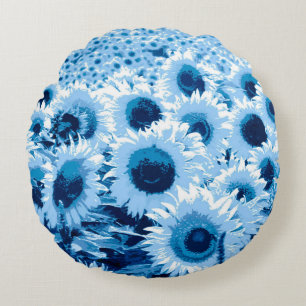 Field of Sunflowers - shades of blue Round Cushion