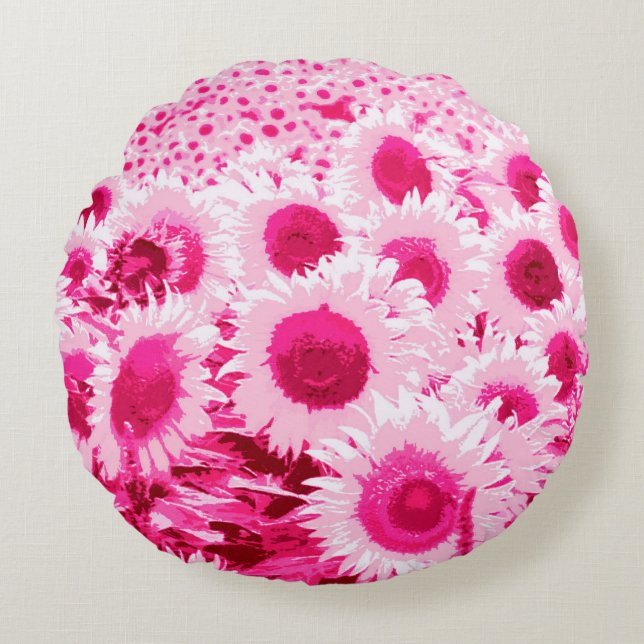 Field of Sunflowers - shades of fuchsia pink Round Cushion (Front)