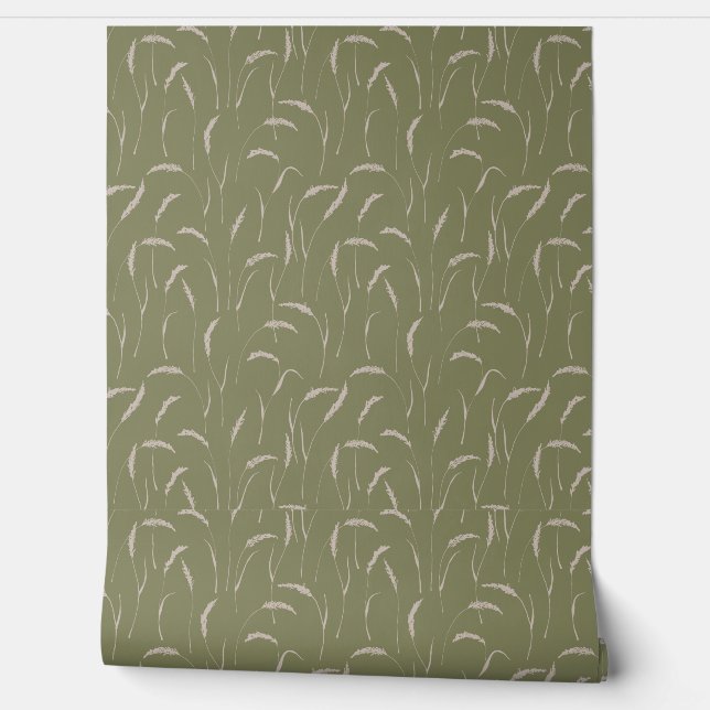 Field of Wild Grass on Sage Green Wallpaper (Unrolling)