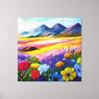 Field of Wildflowers at the foot of a Mountain Canvas Print