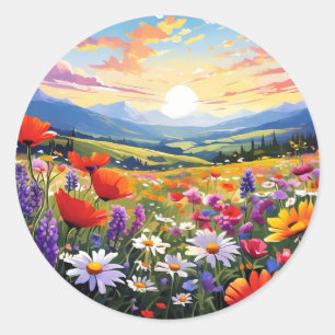 Field of Wildflowers with Rolling Hills Classic Round Sticker