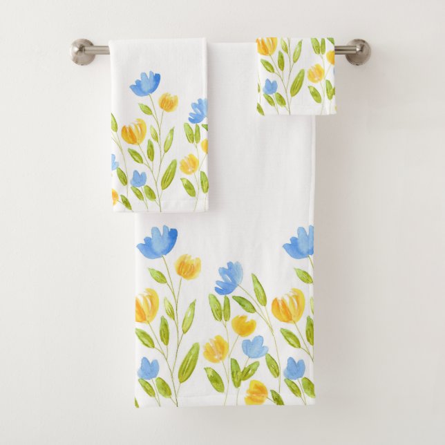 Field of Yellow Blue Flowers Bath Towel Set (Insitu)