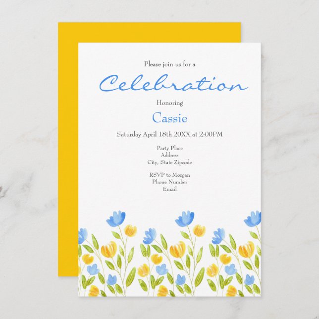 Field of Yellow Blue Flowers  Invitation (Front/Back)