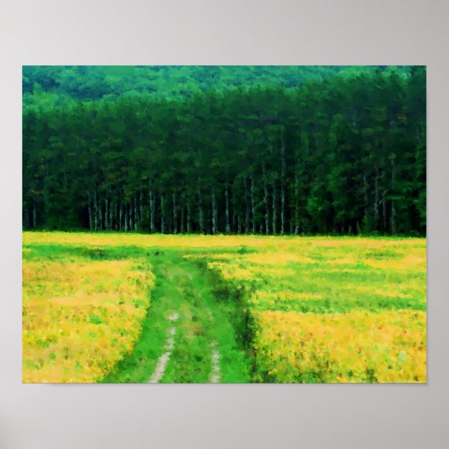 Field Of Yellow Flowers Pine Trees Nature Painting Poster (Front)