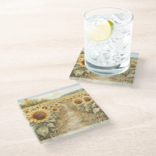 Field of Yellow Sunflowers Glass Coaster