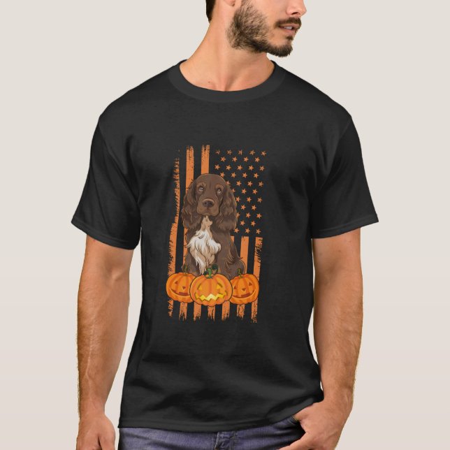 Field Spaniel Dog American Flag Patriotic Hallowee T-Shirt (Front)