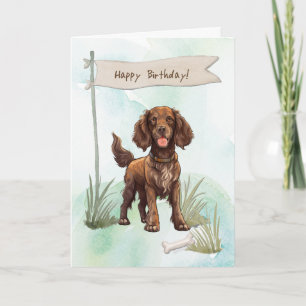 Field Spaniel Dog Outdoors Under Birthday Sign Card