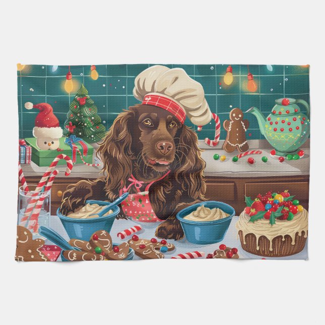 Field Spaniel Holiday Baking: Festive Christmas Tea Towel (Horizontal)
