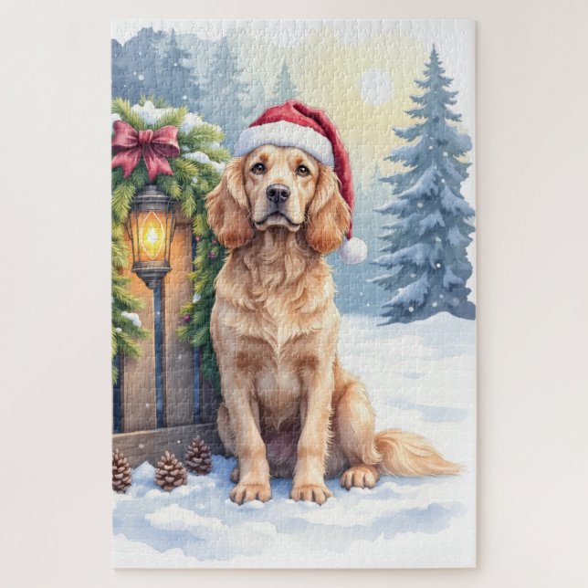 Field Spaniel Snowy Fence Santa Hat Christmas Art Jigsaw Puzzle (Vertical)