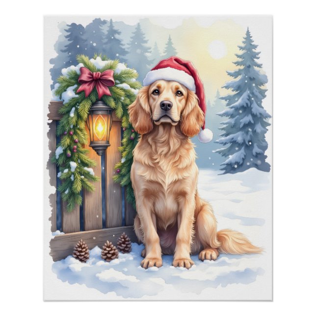 Field Spaniel Snowy Fence Santa Hat Christmas Art Poster (Front)