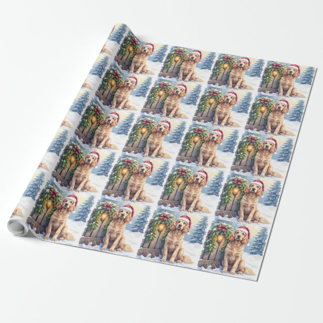 Field Spaniel Snowy Fence Santa Hat Christmas Art Wrapping Paper (Unrolled)