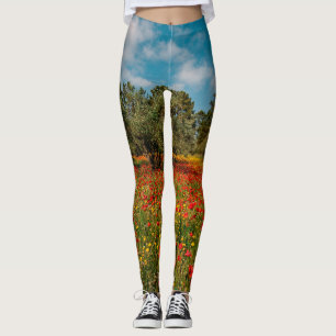 field with flowers and trees leggings