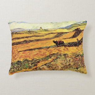 Field with Ploughman and Mill by Vincent van Gogh Decorative Cushion
