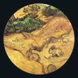 Field with Two Rabbits by Vincent van Gogh Classic Round Sticker<br><div class="desc">Field with Two Rabbits by Vincent van Gogh is a vintage fine art post impressionism landscape nature painting. Two rabbits are in a farm field with trees and bushes. Late summer with golden yellow grass in the meadows. About the artist: Vincent Willem van Gogh (1853 -1890) was one of the...</div>