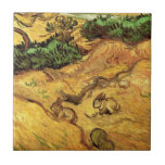Field with Two Rabbits by Vincent van Gogh Tile<br><div class="desc">Field with Two Rabbits by Vincent van Gogh is a vintage fine art post impressionism landscape nature painting. Two rabbits are in a farm field with trees and bushes. Late summer with golden yellow grass in the meadows. About the artist: Vincent Willem van Gogh (1853 -1890) was one of the...</div>