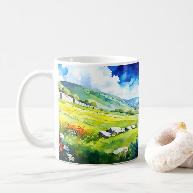 "Fielddale" Wide Landscape Yorkshire Dales Scene Coffee Mug (With Donut)
