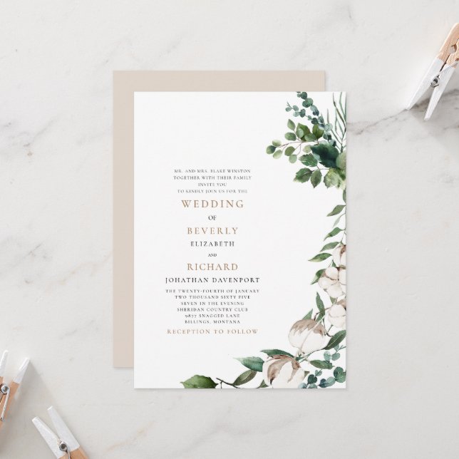 Fields of Cotton Tan & White Parents Wedding  Invitation (Front/Back In Situ)