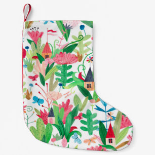 Fields of flowers and plants with small houses, bu christmas stocking