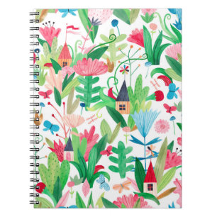Fields of flowers and plants with small houses, bu notebook